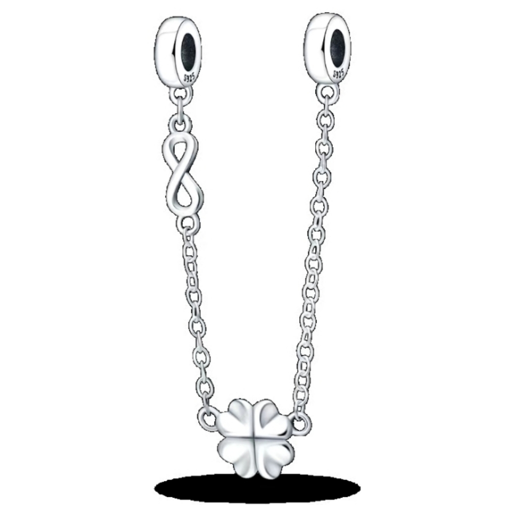 Silver Four leaf clover safety-chain for pandora-style charm bracelets, New